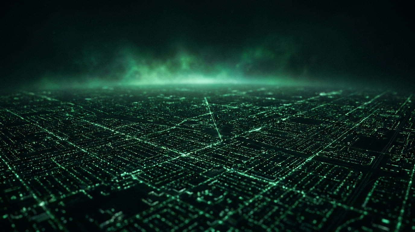 Vista aérea noturna de uma malha urbana com ruas iluminadas em verde, lembrando um mapa digital da cidade
