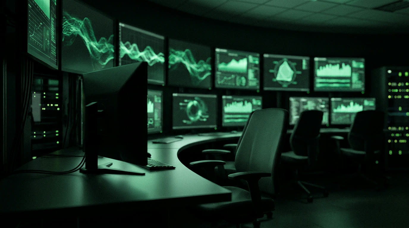 Sala de controle com monitores exibindo dashboards em verde