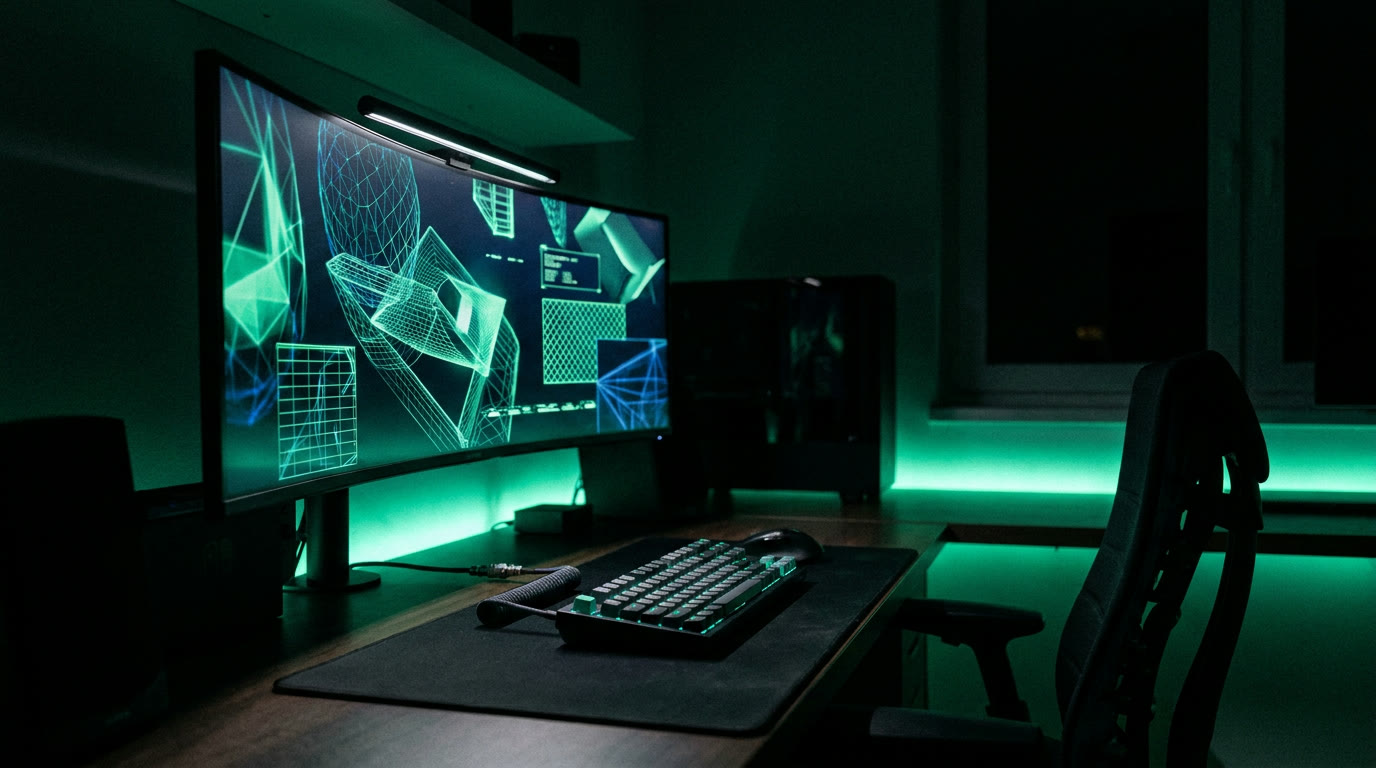 Setup escuro com monitor exibindo wireframes em verde