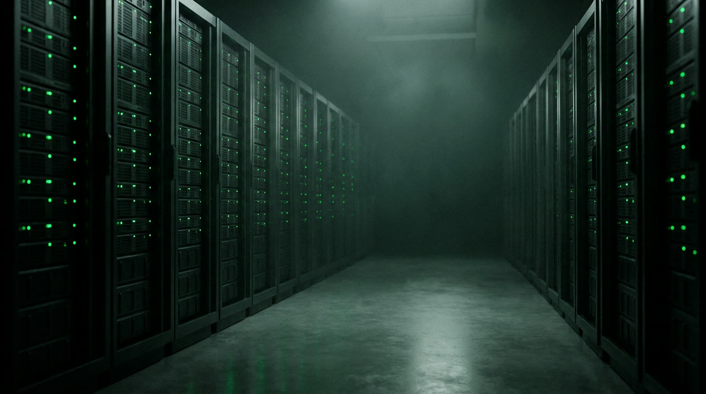 Corredor de data center com racks iluminados por LEDs verdes